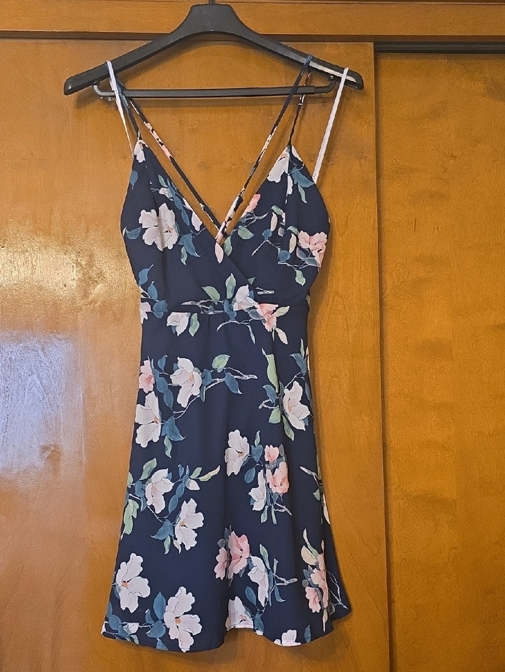 Lulu's Navy Floral Wrap-Front Spaghetti-Strap Mini Dress